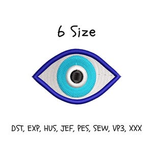 May include: An embroidery design of a stylized eye featuring a dark blue outer border, a white sclera, a bright turquoise iris, and a black pupil. The text 6 Size is centered above, and DST, EXP, HUS, JEF, PES, SEW, VP3, XXX are listed below.