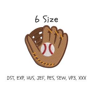 Può includere: Un disegno da ricamo di un guanto da baseball marrone che tiene una palla da baseball bianca con cuciture rosse. Il testo 6 Size è posizionato sopra il guanto, e il testo DST, EXP, HUS, JEF, PES, SEW, VP3, XXX è posizionato sotto.