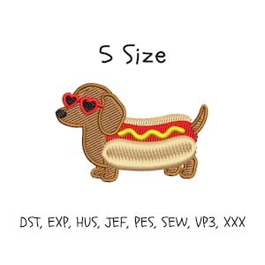 May include: An embroidery design featuring a brown dachshund wearing red heart-shaped sunglasses, dressed as a hot dog with a red sausage and yellow mustard line. The text S Size appears above, and file formats DST, EXP, HUS, JEF, PES, SEW, VP3, XXX below.