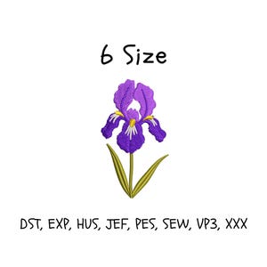 May include: An embroidery design featuring a purple iris flower with green stems and leaves, yellow accents, and white details. The text 6 Size is at the top, and the file formats DST, EXP, HUS, JEF, PES, SEW, VP3, XXX are listed at the bottom.