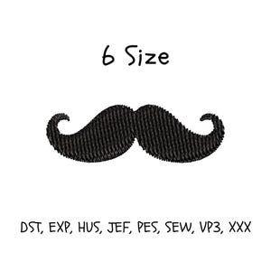 May include: A black embroidered mustache design with the text "6 Size" above it. Below the mustache are the file format abbreviations: DST, EXP, HUS, JEF, PES, SEW, VP3, and XXX. The design is on a white background.