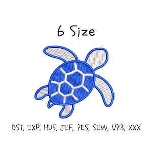 May include: Embroidered blue sea turtle design with white accents. The image includes the text "6 Size" and a list of file formats. This design is suitable for various crafting projects.