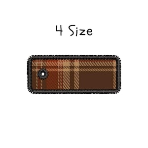 May include: A rectangular patch with a brown plaid design and a black border. The patch has a small hole near the top and the text "4 Size" in black script above it.