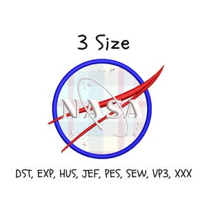 May include: An embroidery design featuring the NASA logo with white lettering, a red swoosh, and a blue circular border. The background has a light blue and white plaid pattern. Text above reads 3 Size, and text below lists file formats DST, EXP, HUS, JEF, PES, SEW, VP3, XXX.