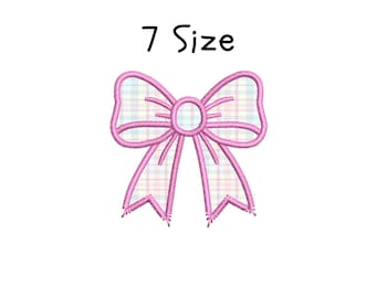May include: Pink bow with a plaid pattern. The bow is outlined in pink and has a white center. The text "7 Size" is above the bow.