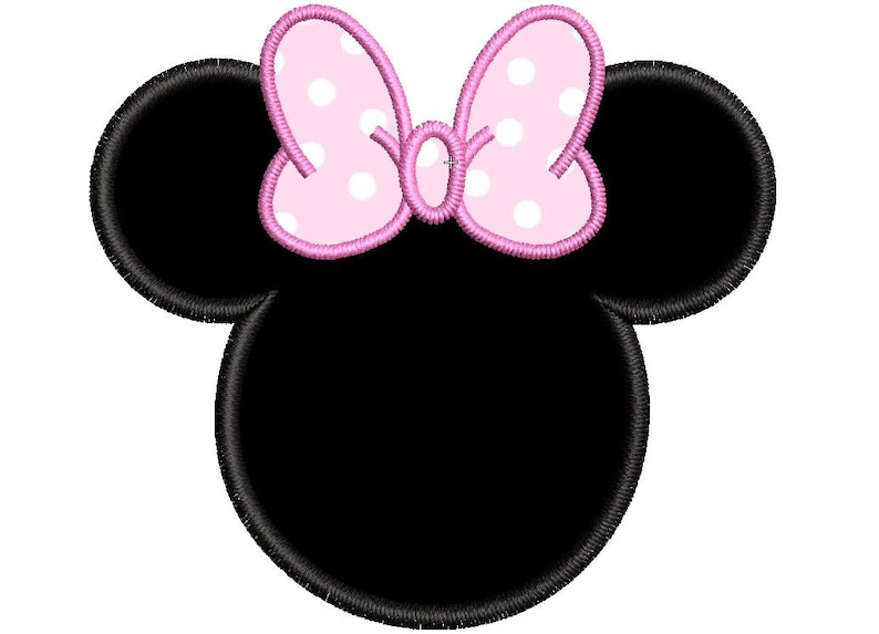 May include: Black and white cartoon mouse head with large pink ears and a pink bow with white polka dots.
