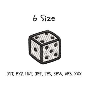 May include: An embroidered patch of a white die with black dots, showing the number six. The die has a black border and is set against a white background. The text "6 Size" is above the die.