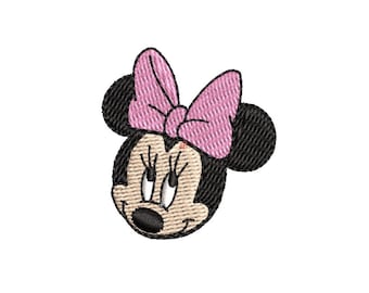 May include: A cartoon image of Minnie Mouse with a pink bow. Her eyes are closed and she is smiling.