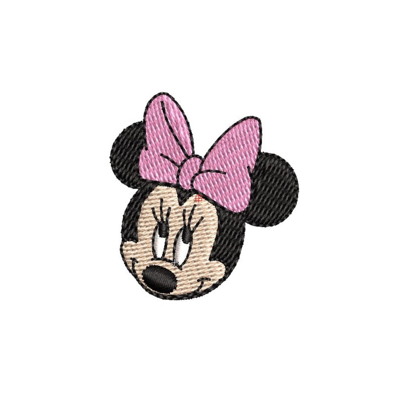 May include: A cartoon image of Minnie Mouse with a pink bow. Her eyes are closed and she is smiling.