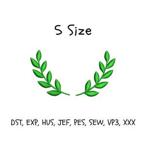 May include: A green leaf wreath design with the text "S Size" above it. Below the wreath are the file types: DST, EXP, HUS, JEF, PES, SEW, VP3, XXX. The design is on a white background.