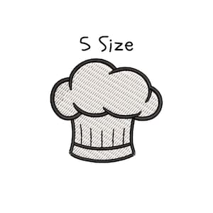 May include: Embroidered chef's hat with the text "S Size" in black. The hat is white with a textured pattern and a black outline. The hat's base has vertical lines. This design is suitable for culinary-themed projects.