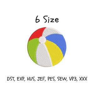 Könnte beinhalten: Ein gesticktes Strandball-Design mit roten, weißen, blauen, gelben und lindgrünen Segmenten. Der Text 6 Size steht über der Grafik und der Text DST, EXP, HUS, JEF, PES, SEW, VP3, XXX steht unter dem Stickmuster.