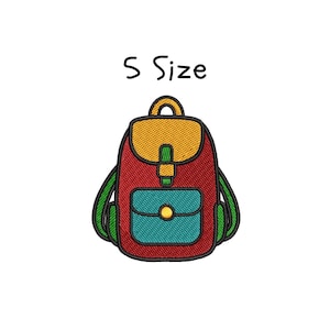 May include: Embroidered patch of a red backpack with a teal pocket and a gold top. The backpack has green straps and a gold handle. The text "S Size" is above the backpack in black.