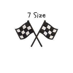 May include: Two embroidered checkered racing flags with black and white squares are crossed against a white background. The text "7 Size" is above the flags in black.