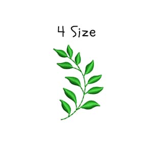 Puede incluir: Una rama de hojas verdes bordadas con múltiples hojas, sobre un fondo blanco. El texto "4 Size" está escrito en negro encima de la rama de hojas.