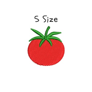 May include: Embroidered red tomato patch with green stem and the text "S Size" in black. The tomato is a vibrant red color and has a textured appearance. The patch is likely for clothing or accessories.