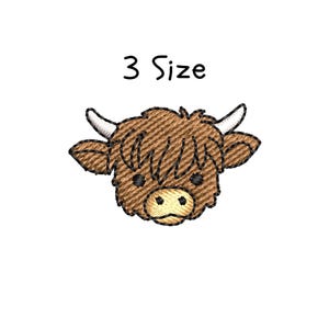 May include: Embroidered design of a brown Highland cow head with white horns. The text "3 Size" is above the cow.