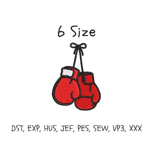 Puede incluir: Diseño bordado de dos guantes de boxeo rojos colgando de una cuerda negra, con el texto "6 Size" arriba. Debajo de los guantes están los formatos de archivo: DST, EXP, HUS, JEF, PES, SEW, VP3, XXX.