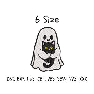 May include: An embroidery design featuring a white ghost holding a small black cat with yellow eyes and pink ears. The text 6 Size appears above the ghost, and the text DST, EXP, HUS, JEF, PES, SEW, VP3, XXX is printed below the design.