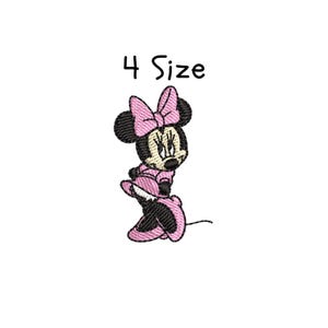 May include: Embroidered design of Minnie Mouse in a pink dress with a bow. The text "4 Size" is above the image.