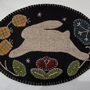 Pre-cut Penny Rug KIT - Eli's Rabbit- Primitive Candle Mat -Wool Applique-Cottagecore