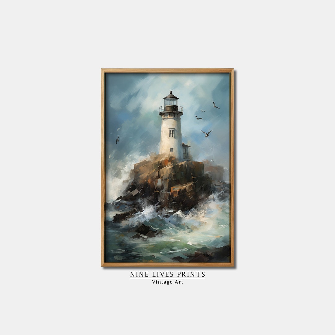Vintage Lighthouse Portrait, Rustic Oil Painting Wall Art, Digital ...