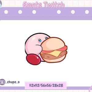 Op de afbeelding: Een roze cartoonfiguur met blauwe ogen bijt in een grote hamburger met kaas en een rode tomaat. Het personage houdt de hamburger vast met zijn armen. De afbeelding is op een witte achtergrond.  112x112/56x56/28x28