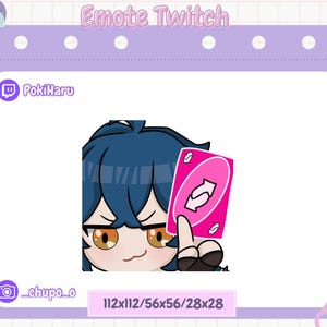 Puede incluir: Un personaje de dibujos animados con cabello azul y ojos marrones sostiene una tarjeta rosa con un símbolo de flecha invertida. La tarjeta dice "Reverse" y el personaje tiene una expresión traviesa. La imagen es un emote de Twitch.