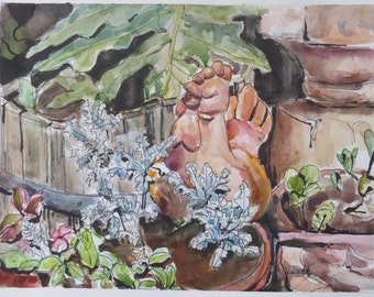 Bernardo Winery, Chicken and plants Original 9 x 12 watercolor (Rancho Bernardo, San Diego) Signed