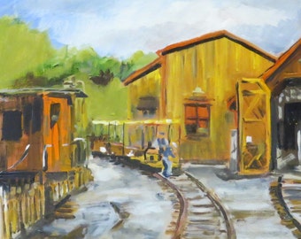 Midland Railroad Speeder and Train Barn - Original 12 x 12 inch Oil Painting on wood panel