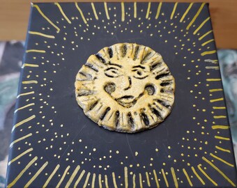 Small Black Box with Gold Paper Clay Smiling Sun Embellishment