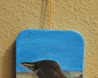 Original CROW RAVEN Oil Painting on paper mache ornament mini, signed