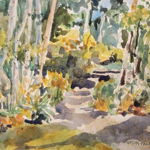 May include: Watercolour painting depicting a forest path bathed in sunlight. The artwork shows a path receding into the distance, flanked by trees and foliage in shades of green, yellow, and brown. The artist's signature is visible in the lower right corner.