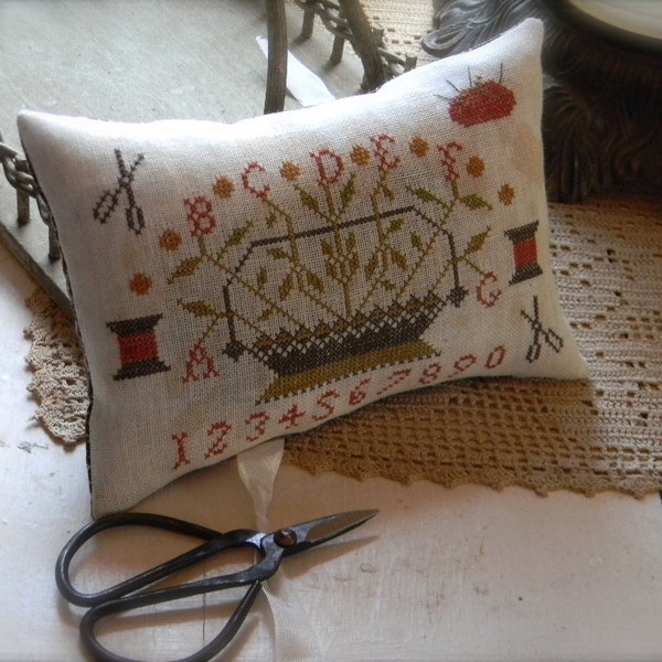 Retired Cross Stitch Club Pattern ~ Sewing Basket Scissors Pillow ~ from Notforgotten Farm™