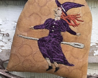 Flying Needle Witch ~ Embroidery or Punch Needle Pattern ~ Mailed/Paper