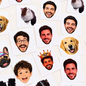 May include: A collection of square stickers featuring various portraits of people and pets. The images include smiling faces of men, a young boy, golden retrievers, a French bulldog wearing a party hat, and cats. Some men wear birthday crowns.