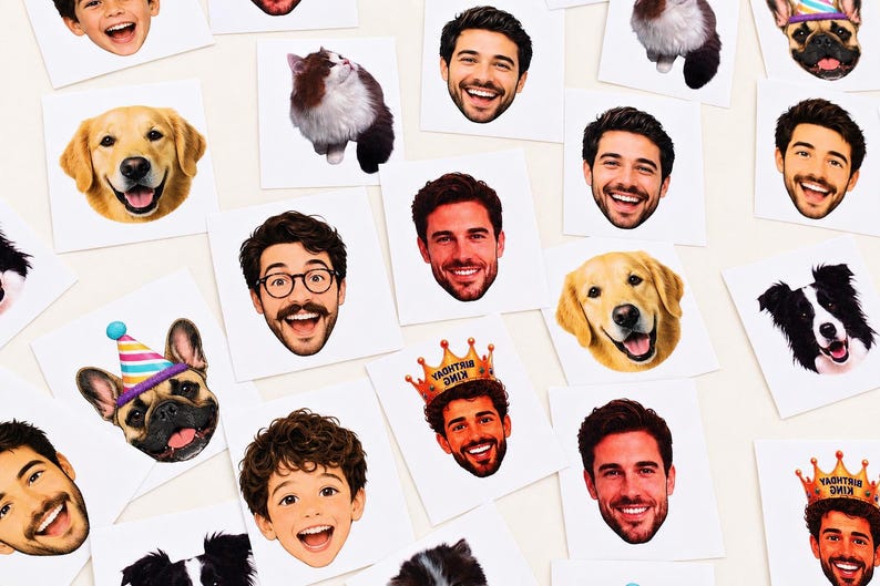 May include: A collection of square stickers featuring various portraits of people and pets. The images include smiling faces of men, a young boy, golden retrievers, a French bulldog wearing a party hat, and cats. Some men wear birthday crowns.