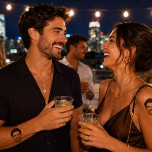May include: A temporary tattoo featuring a realistic portrait of a smiling man. The design is applied to the skin, showing the face of a man with dark hair and a beard. This small, detailed graphic is intended for application on the arm or shoulder.