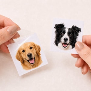 May include: Two square stickers featuring dog portraits. One sticker displays a golden retriever with light brown fur and a pink tongue, while the other sticker shows a black and white border collie with a white blaze on its face and open mouth.