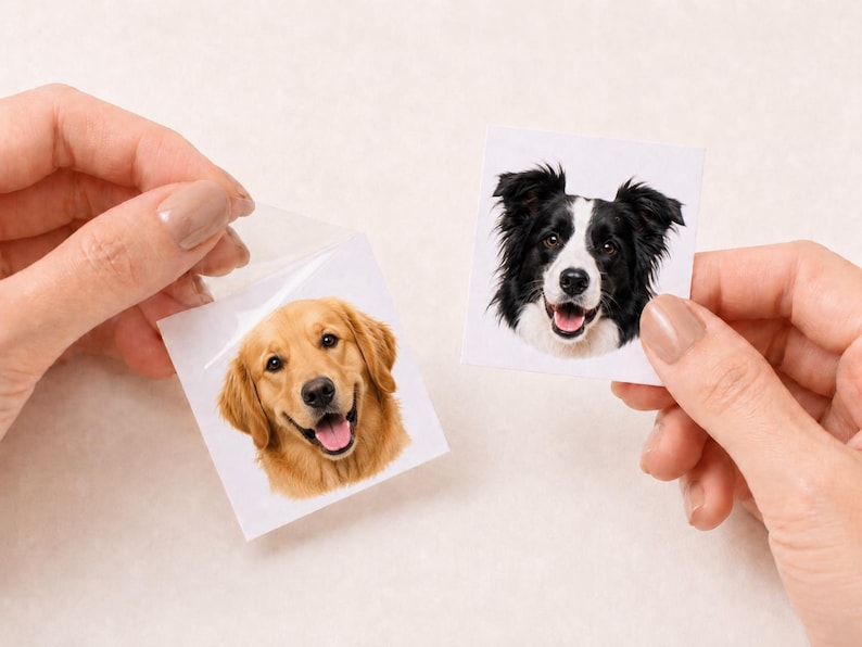 May include: Two square stickers featuring dog portraits. One sticker displays a golden retriever with light brown fur and a pink tongue, while the other sticker shows a black and white border collie with a white blaze on its face and open mouth.