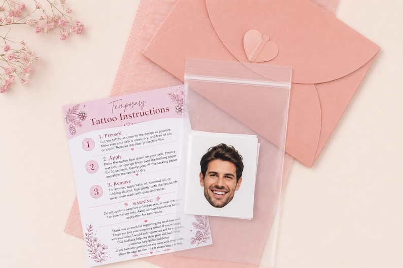 May include: A temporary tattoo featuring a photographic portrait of a smiling man with dark hair, packaged in a clear plastic bag with a printed instruction card titled Temporary Tattoo Instructions and a dusty rose envelope with a heart seal.