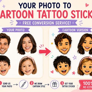 May include: A graphic display titled YOUR PHOTO TO CARTOON TATTOO STICKER showing four original photographs of faces on the left and their corresponding cartoon illustrations on the right, with instructional steps 1, 2, and 3 at the bottom.
