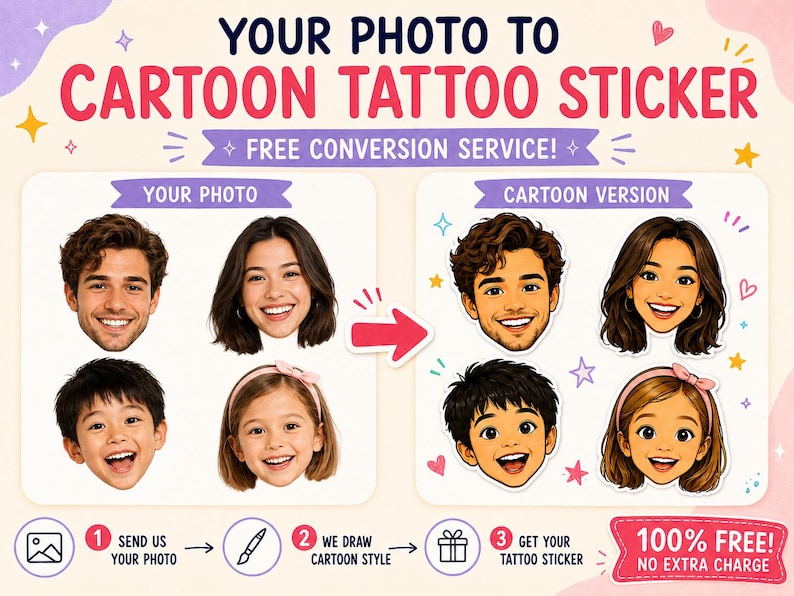 May include: A graphic display titled YOUR PHOTO TO CARTOON TATTOO STICKER showing four original photographs of faces on the left and their corresponding cartoon illustrations on the right, with instructional steps 1, 2, and 3 at the bottom.