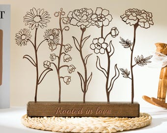 Jardín de flores para el mes de nacimiento de mamá, flor de nacimiento de madera personalizada, regalo para el Día de la Madre, letrero de flor de nacimiento familiar personalizado, regalo de cumpleaños para mamá