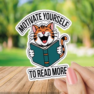 Orange Cat Book Sticker – Motivate Yourself to Read More Vinyl Decal – Cute Ginger Cat Reader for Laptop, Journal, Book Lovers – Cat Gift