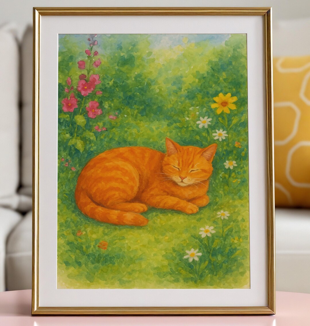 Cozy Orange Cat Art Print , Floral Garden Wall Art , Whimsical Ginger ...