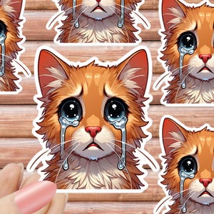 Sad Crying Cat Sticker – Orange Cat Sticker , Emotional Cat Lover Gift, Tearful Kitty Sticker for Laptop, Water Bottle, Phone Case