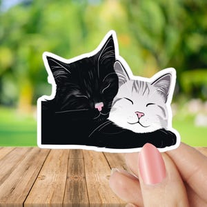 black cat sticker, Cute Cat Couple Sticker – Black and White Cats Cuddling , Cozy Kitty Vinyl Decal , Gift for Cat Lovers ,White Cat sticker