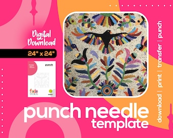 Otomi Mexican Inspired Digital Pattern for Punch Needle, Large 24" x 24" Size, Printable Template, PDF Download