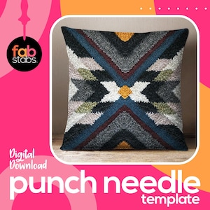 May include: Digital download punch needle template for a geometric pillow with a white, gray, blue, and yellow design. The template is for print and transfer.